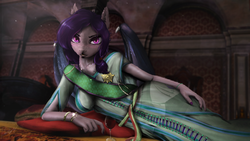 Size: 3690x2076 | Tagged: safe, artist:princeoracle, oc, oc only, oc:tenebra von umbram, bat pony, anthro, 3d, anthro oc, bat pony oc, breasts, clothes, dress, female, gala dress, high res, looking at you, mare, pillow, slit pupils, solo, source filmmaker