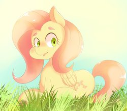 Size: 2048x1785 | Tagged: safe, artist:koto, fluttershy, pegasus, pony, g4, female, folded wings, grass, looking at you, mare, prone, solo