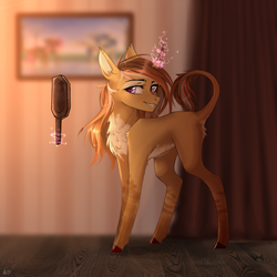Size: 1000x1000 | Tagged: safe, artist:alicesmitt31, oc, oc only, pony, unicorn, blurry background, brown coat, brown mane, chest fluff, cloven hooves, curved horn, female, horn, leonine tail, looking at you, magic, mare, smiling, solo, telekinesis