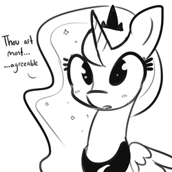 Size: 1650x1650 | Tagged: safe, artist:tjpones, princess luna, alicorn, pony, blushing, bust, compliment, cute, dialogue, female, grayscale, jewelry, lunabetes, mare, monochrome, regalia, simple background, sketch, solo, white background, ye olde butcherede englishe