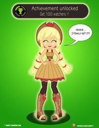 Size: 3090x4000 | Tagged: safe, artist:dieart77, applejack, equestria girls, g4, achievement, clothes, cowboy hat, dialogue, dress, eyes closed, female, freckles, hand on hip, hat, milestone, smiling, solo, stetson