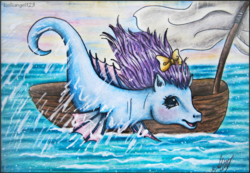 Size: 1061x734 | Tagged: safe, artist:lolliangel00, artist:lolliangel123, seawinkle, pony, sea pony, g1, bow, colored pencil drawing, cute, female, mare, pen drawing, pencil drawing, traditional art, watercolor painting, winklebetes