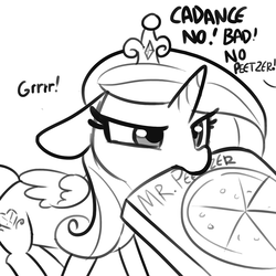 Size: 1650x1650 | Tagged: safe, artist:tjpones, princess cadance, alicorn, pony, g4, behaving like a dog, cute, cutedance, dialogue, female, floppy ears, food, frown, glare, grayscale, growling, majestic as fuck, mare, monochrome, mouth hold, nom, offscreen character, peetzer, pizza, pizza box, simple background, sketch, solo, that pony sure does love pizza, white background