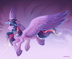 Size: 1600x1300 | Tagged: safe, artist:fenwaru, twilight sparkle, alicorn, pony, g4, female, flying, horn, mare, rainbow power, simple background, solo, spread wings, twilight sparkle (alicorn), unshorn fetlocks, wings