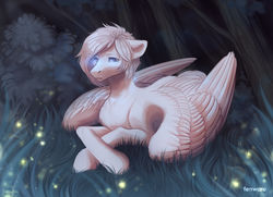 Size: 1800x1300 | Tagged: safe, artist:fenwaru, oc, oc only, oc:ronald, firefly (insect), pegasus, pony, crossed hooves, forest, glowing eyes, grass, lying, male, pensive, prone, sad, solo, stallion, wings