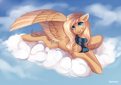 Size: 2000x1400 | Tagged: safe, artist:fenwaru, oc, oc only, oc:mirta whoowlms, pegasus, pony, clothes, cloud, cutie mark, female, hooves, lying, lying on a cloud, mare, on a cloud, prone, scarf, smiling, solo, spread wings, wings