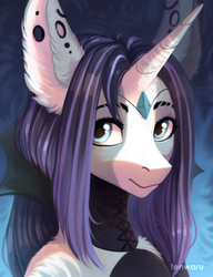 Size: 1000x1300 | Tagged: safe, artist:fenwaru, oc, oc only, unicorn, anthro, abstract background, bust, clothes, diadem, ear fluff, female, gem, horn, jewelry, looking at you, mare, portrait, solo