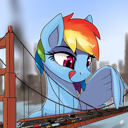Size: 1500x1500 | Tagged: safe, artist:wolfenstyle, rainbow dash, pony, g4, bridge, crushing, destruction, female, imminent vore, implied death, macro, solo, tank (vehicle), wing hands