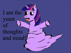 Size: 1602x1200 | Tagged: safe, twilight sparkle, pony, unicorn, g4, female, globglogabgalab, mare, meme, not salmon, open mouth, ponified meme, purple background, simple background, smiling, strawinsky and the mysterious house, wat