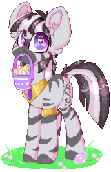 Size: 263x408 | Tagged: safe, artist:wolfs42, oc, oc only, oc:garbhán, zebra, animated, basket, blinking, easter, easter egg, heart eyes, holiday, male, mouth hold, pixel art, simple background, transparent background, wingding eyes, ych result, zebra oc