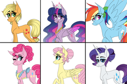 Size: 4820x3200 | Tagged: safe, artist:misskitkat2002, applejack, fluttershy, pinkie pie, rainbow dash, rarity, twilight sparkle, alicorn, pony, g4, alternate hairstyle, apron, clothes, colored wings, colored wingtips, high res, mane six, older, twilight sparkle (alicorn)