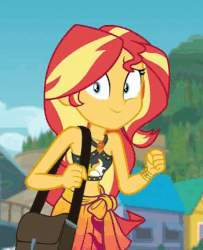 Size: 407x501 | Tagged: safe, screencap, sunset shimmer, equestria girls, equestria girls series, forgotten friendship, g4, animated, bag, beach, clothes, cute, excited, female, happy, mountain, shimmerbetes, smiling, swimsuit, wide eyes