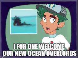 Size: 512x384 | Tagged: safe, edit, edited screencap, screencap, timber spruce, equestria girls, g4, my little pony equestria girls: better together, unsolved selfie mysteries, beach, floaty, i for one welcome our new overlords, image macro, kent brockman, lifeguard timber, male, meme, the simpsons