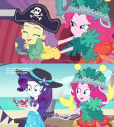 Size: 2048x2284 | Tagged: safe, screencap, lily pad (g4), pinkie pie, rarity, crab, equestria girls, equestria girls series, g4, pinkie sitting, too hot to handle, and then there's rarity, clothes, costume, cute, dress up, geode of shielding, hat, high res, implied rarity fighting a giant crab, midriff, swimsuit, tickling, young