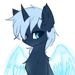 Size: 1500x1500 | Tagged: safe, artist:heddopen, oc, oc only, oc:wintry, pony, unicorn, artificial wings, augmented, chest fluff, ear fluff, magic, magic wings, male, simple background, white background, wings