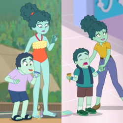 Size: 2048x2048 | Tagged: safe, screencap, leafy mint, mint chip, equestria girls, equestria girls series, equestria girls specials, g4, mirror magic, too hot to handle, barefoot, clothes, comparison, feet, female, food, high res, ice cream, ice cream cone, male, milf, mother and son, one-piece swimsuit, sandals, snow cone, swimsuit