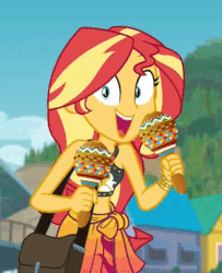 Size: 407x501 | Tagged: safe, edit, edited screencap, screencap, sunset shimmer, equestria girls, equestria girls series, forgotten friendship, g4, animated, bag, beach, clothes, cute, excited, female, happy, maracas, mountain, musical instrument, sarong, shimmerbetes, swimsuit