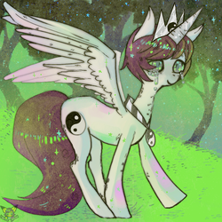 Size: 700x700 | Tagged: safe, artist:chalnsaw, oc, oc only, alicorn, pony, alicorn oc, crying, forest, jewelry, pendant, solo, yin-yang