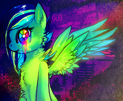 Size: 748x610 | Tagged: safe, artist:chalnsaw, oc, oc only, pegasus, pony, crying, psychedelic, scene kid, solo