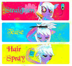 Size: 558x513 | Tagged: safe, artist:chalnsaw, cloudchaser, g4, alternate hairstyle, comb, combing, comic, hair spray, plug