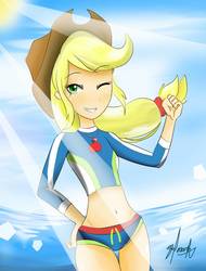 Size: 975x1280 | Tagged: safe, artist:markvoid21, applejack, equestria girls, equestria girls specials, g4, my little pony equestria girls: better together, my little pony equestria girls: forgotten friendship, clothes, cowboy hat, female, freckles, hat, one eye closed, sky, smiling, solo, stetson, sun, swimsuit, water, wink