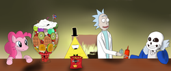 Size: 4800x2000 | Tagged: safe, artist:scpony, pinkie pie, g4, bill cipher, chips, crossover, doritos, flask, food, gravity falls, ketchup, rick and morty, rick sanchez, sans (undertale), sauce, sundae, unamused, undertale