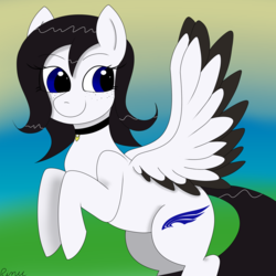 Size: 3000x3000 | Tagged: safe, artist:rarityismywaifu, oc, oc only, oc:lamika, pegasus, pony, choker, female, flying, freckles, high res, mare, smiling, solo