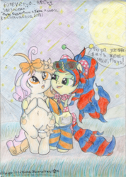 Size: 2353x3314 | Tagged: safe, artist:magnifsunspiration, oc, oc only, oc:haney melody, oc:peachy biscuit rolly, earth pony, pony, unicorn, bipedal, chubby, flower, flower in hair, high res, night, shooting star, traditional art