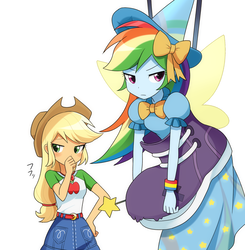 Size: 2000x2040 | Tagged: safe, artist:ryuu, applejack, rainbow dash, equestria girls, g4, my little pony equestria girls: better together, opening night, anime, belt, bow, clothes, cowboy hat, denim skirt, duo, fairy bootmother, female, hair bow, hat, hennin, high res, lesbian, magic wand, majestic as fuck, puffy sleeves, rainbow dash always dresses in style, ship:appledash, shipping, shirt, shoes, simple background, skirt, stetson, t-shirt, white background