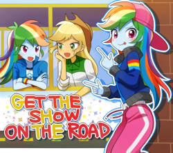 Size: 1346x1191 | Tagged: safe, artist:ryuu, applejack, rainbow dash, eqg summertime shorts, equestria girls, g4, get the show on the road, anime, applejack's hat, blushing, cap, clothes, cowboy hat, cute, female, finger gun, finger guns, hat, jackabetes, looking at you, open mouth, pants, rapper dash, shirt, smiling, tongue out