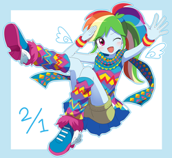 Size: 2150x1975 | Tagged: safe, artist:ryuu, rainbow dash, equestria girls, g4, my little pony equestria girls: legend of everfree, anime, blushing, boots, camp fashion show outfit, clothes, cute, dashabetes, female, geometric, one eye closed, open mouth, ponytail, scarf, shoes, shorts, skirt, solo, sweet dreams fuel, tights, wings, wink, wristband