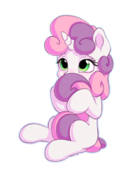 Size: 1100x1400 | Tagged: safe, artist:bobdude0, artist:vanillaghosties, sweetie belle, pony, unicorn, g4, bashful, blank flank, collaboration, cute, diasweetes, female, filly, hnnng, horn, hug, missing cutie mark, outline, simple background, sitting, solo, sweet dreams fuel, tail hold, tail hug, transparent background, weapons-grade cute