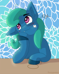 Size: 500x625 | Tagged: safe, artist:fuzzypones, pony, blushing, colored, dreamy, male, patch, solo, tooth