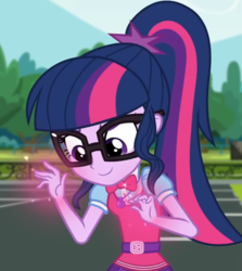 Size: 919x1031 | Tagged: safe, screencap, sci-twi, twilight sparkle, equestria girls, g4, get the show on the road, my little pony equestria girls: summertime shorts, cropped, female, geode of telekinesis, magic, ponytail, solo