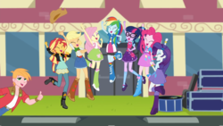 Size: 1920x1080 | Tagged: safe, screencap, applejack, big macintosh, fluttershy, pinkie pie, rainbow dash, rarity, sci-twi, sunset shimmer, twilight sparkle, equestria girls, g4, get the show on the road, my little pony equestria girls: summertime shorts, armpits, balloon, boots, bowtie, bracelet, clothes, compression shorts, cowboy boots, denim skirt, drum kit, drums, eyes closed, glasses, hands in the air, high heel boots, humane five, humane seven, humane six, jacket, jewelry, jumping, leather jacket, legs, looking at you, male, mane six, mary janes, musical instrument, raised leg, shoes, skirt, sleeveless, socks, tank top, thumbs up, wristband, yeah shot