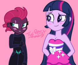 Size: 808x674 | Tagged: safe, artist:princess-kitsune-tsu, tempest shadow, twilight sparkle, equestria girls, g4, my little pony: the movie, base used, blushing, equestria girls-ified, fall formal outfits, female, lesbian, ship:tempestlight, shipping