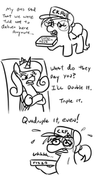 Size: 494x886 | Tagged: safe, artist:jargon scott, princess cadance, oc, alicorn, earth pony, pony, g4, bipedal, black and white, bust, cap, comic, crossed hooves, duo, female, filly, food, glasses, grayscale, hat, hoof hold, implied lactose intolerant, mare, monochrome, peetzer, pizza, pizza box, pizza delivery, scrunchie, simple background, sweat, white background