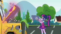 Size: 800x450 | Tagged: safe, screencap, sci-twi, twilight sparkle, raccoon, equestria girls, g4, get the show on the road, my little pony equestria girls: summertime shorts, animated, engine, female, gif, jalopy, school bus, vus