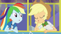 Size: 800x450 | Tagged: safe, screencap, applejack, rainbow dash, equestria girls, g4, get the show on the road, my little pony equestria girls: summertime shorts, animated, female, gif, hat, shipping fuel