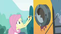 Size: 800x450 | Tagged: safe, screencap, fluttershy, pinkie pie, equestria girls, g4, get the show on the road, my little pony equestria girls: summertime shorts, animated, bracelet, candy, female, food, gif, jewelry, screwdriver