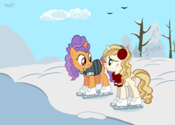 Size: 4763x3393 | Tagged: safe, artist:ironm17, pretzel twist, sweet biscuit, pony, unicorn, g4, clothes, duo, earmuffs, ice skates, ice skating, jacket, scarf, short-sleeved jacket, skates, snow, winter, winter outfit