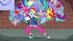 Size: 800x450 | Tagged: safe, screencap, rainbow dash, eqg summertime shorts, equestria girls, g4, get the show on the road, animated, backbend, backwards ballcap, baseball cap, breakdancing, cap, clothes, converse, cute, dancing, dashabetes, female, flexible, gif, graffiti, hat, rainbow dash always dresses in style, rapper, rapper dash, sexy, shoes, sneakers, solo