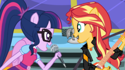 Size: 1920x1080 | Tagged: safe, screencap, sci-twi, sunset shimmer, twilight sparkle, eqg summertime shorts, equestria girls, g4, get the show on the road, bowtie, duo, electric guitar, flying v, geode of empathy, geode of telekinesis, glasses, guitar, looking at each other, magical geodes, microphone, musical instrument, ponied up, ponytail, rebecca shoichet, sci-twilicorn, singing, sunset shredder, voice actor joke, wings, youtube link