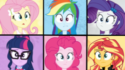 Size: 1920x1080 | Tagged: safe, screencap, fluttershy, pinkie pie, rainbow dash, rarity, sci-twi, sunset shimmer, twilight sparkle, equestria girls, g4, get the show on the road, my little pony equestria girls: summertime shorts, clothes, confused, female, geode of fauna, glasses, puzzled, story in the comments, surprised