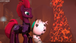 Size: 3840x2160 | Tagged: safe, artist:goatcanon, tempest shadow, oc, oc:joey, changeling, changeling larva, g4, my little pony: the movie, 3d, broken horn, cute, eye scar, high res, horn, lava, requested art, scar, source filmmaker