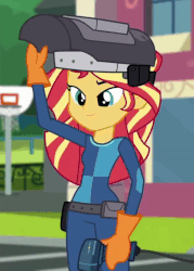 Size: 768x1074 | Tagged: safe, screencap, sunset shimmer, equestria girls, g4, get the show on the road, my little pony equestria girls: summertime shorts, animated, clothes, female, gif, gloves, sunset welder, welding, welding mask