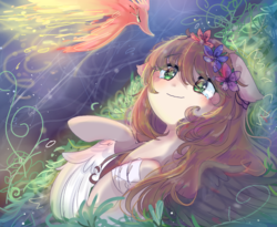 Size: 1055x867 | Tagged: safe, artist:windymils, oc, oc only, pegasus, phoenix, pony, bandage, female, floppy ears, floral head wreath, flower, mare, smiling, teary eyes