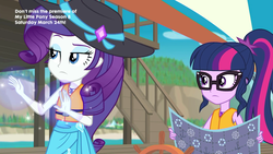 Size: 1920x1080 | Tagged: safe, screencap, rarity, sci-twi, twilight sparkle, equestria girls, equestria girls series, g4, the salty sails, clothes, duo, geode of shielding, geode of telekinesis, glasses, hat, lifejacket, magical geodes, map, meticulously plotted chart, ponytail, rarity's blue sarong, sarong, sun hat, swimsuit