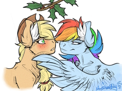 Size: 1600x1200 | Tagged: safe, artist:mimy92sonadow, applejack, rainbow dash, earth pony, pegasus, pony, g4, blushing, cowboy hat, female, hat, holly, holly mistaken for mistletoe, imminent kissing, lesbian, mare, multicolored hair, ship:appledash, shipping, simple background, stetson, white background