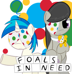 Size: 800x826 | Tagged: safe, artist:erthilo, dj pon-3, octavia melody, vinyl scratch, earth pony, pony, unicorn, ask octavia, g4, abstract background, ask, bbc children in need, children in need, duo, duo female, eyepatch, female, mare, plushie, pudsey bear